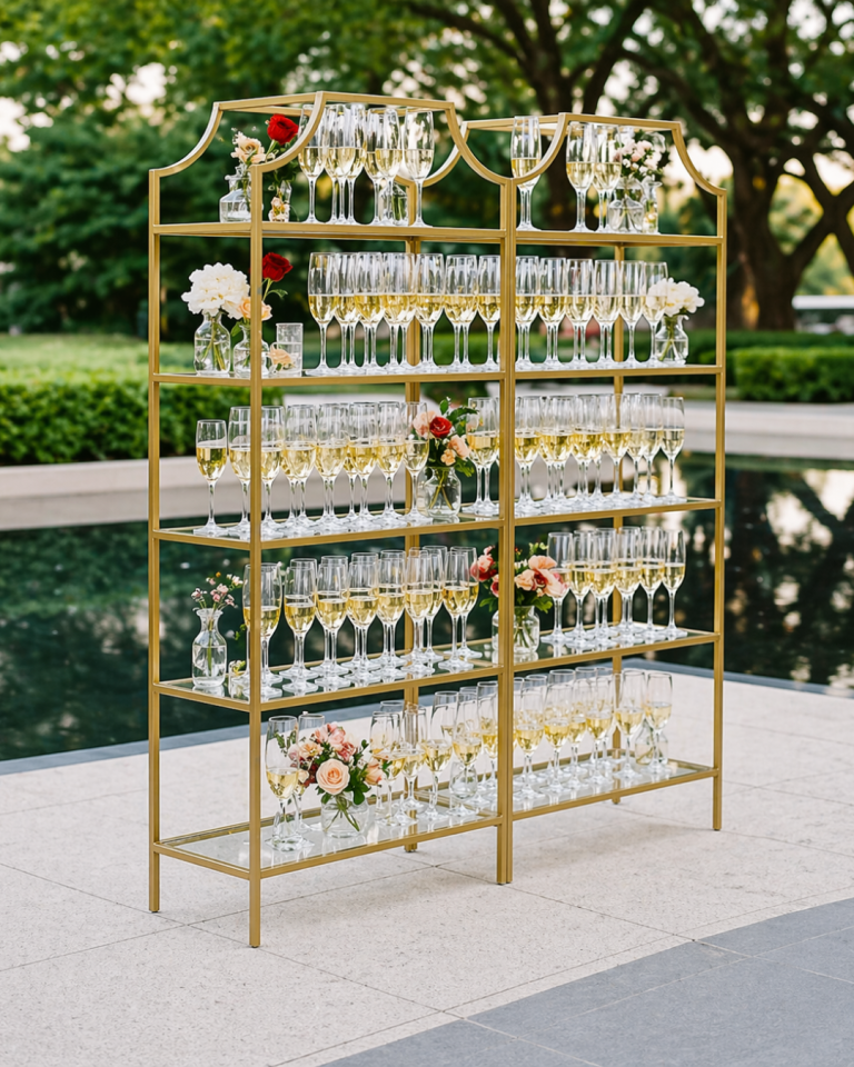 Étagère dorée avec étagères en verre utilisée pour décoration d’événement