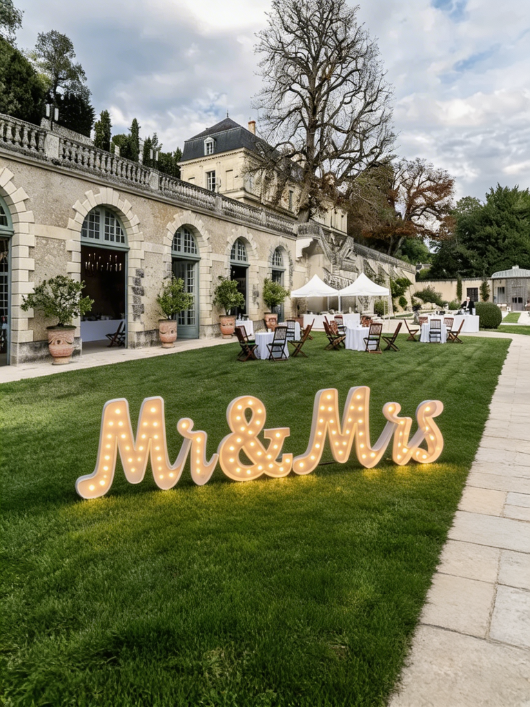 Grandes lettres lumineuses "Mr & Mrs" blanches avec ampoules, posées au sol pour décoration de mariage