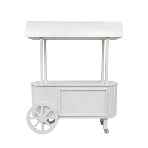 Candy bar blanc avec toit et roues pour présentation de desserts lors d’événement