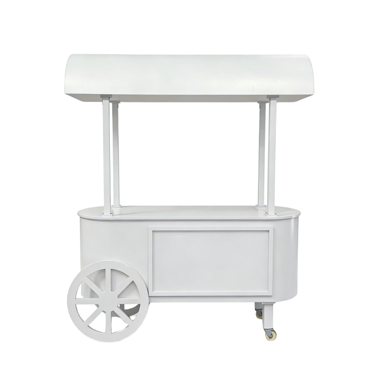 Candy bar blanc avec toit et roues pour présentation de desserts lors d’événement