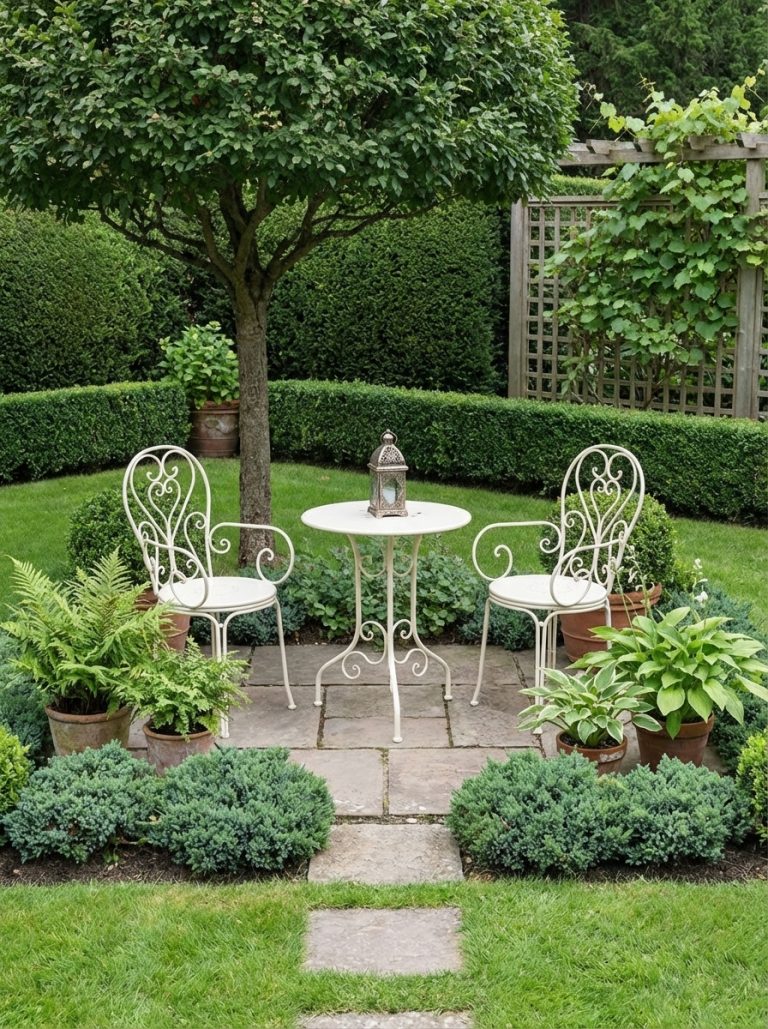 Table ronde et chaises en métal fer forgé blanc style jardin français pour événement à Tours