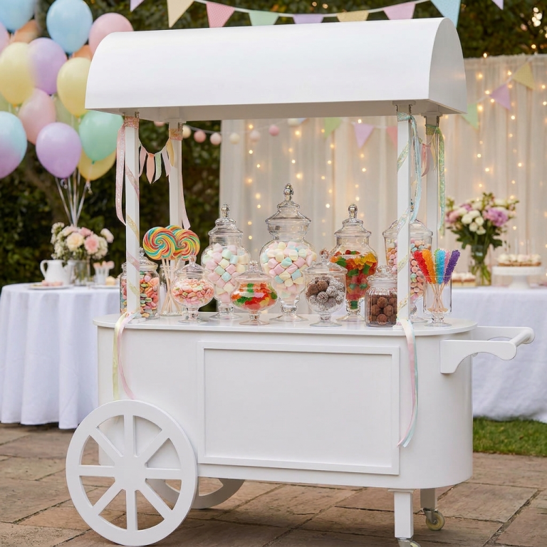 Candy bar blanc avec toit et roues pour présentation de desserts lors d’événement