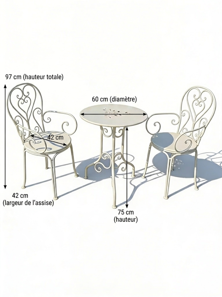 Table ronde et chaises en métal fer forgé blanc style jardin français pour événement à Tours