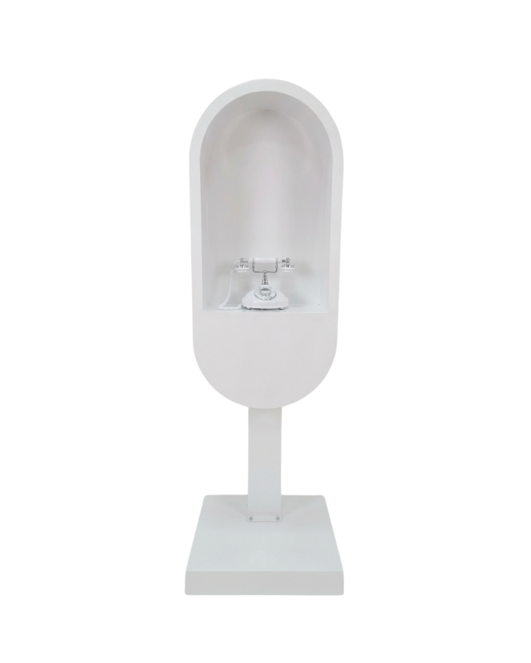 Cabine téléphonique blanche avec téléphone utilisée comme livre d’or audio pour événement à Tours