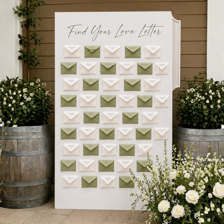 Mur à enveloppes blanc avec enveloppes disposées pour plan de table événement